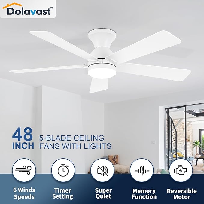 Ceiling Fans with Lights and Remote, 48 Inch Ceiling Fan with Light, Low Profile, Reversible, Dimmable LED, Flush Mount, Quiet, DC Motor, White Ceiling Fan for Bedroom, Kitchen, Dining Room