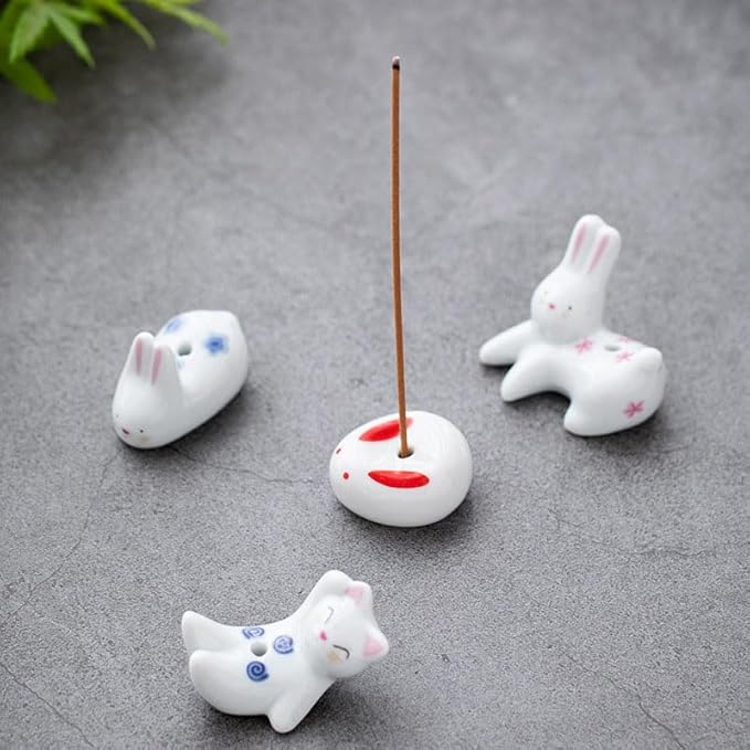 Opexicos 4Pcs Rabbit Cat Ceramic Incense Holder Cute White Animals Incense Sticker Holder Fun Home Decorative Ornaments for Home Room Decoration Yoga Spa Meditation