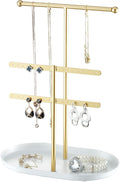 Saydear 3-Tier Jewelry Organizer Stand, Earring Holder Necklace Tree | Gold Metal Earring Rails With Top Necklace Bar, White Oval Tray Base, Ideal Vanity Dresser Decor, Gift For Her