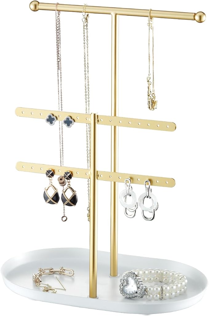 Saydear 3-Tier Jewelry Organizer Stand, Earring Holder Necklace Tree | Gold Metal Earring Rails With Top Necklace Bar, White Oval Tray Base, Ideal Vanity Dresser Decor, Gift For Her