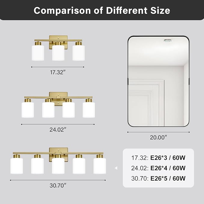 FonmYim Brushed Gold Bathroom Light Fixtures, 3-Light Modern Vanity Light Over Mirror, Wall Sconces with Milky White Frosted Glass Shades, E26 Socket (Bulbs Not Included)