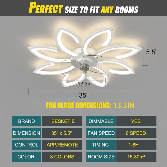 Ceiling Fan with Lights, 35'' Bladeless, Low Profile, Flush Mount, 3 Color Dimmable LED, 6 Speeds, Remote & APP Control, Modern Design - White, for Living Room, Bedroom, Kids Room