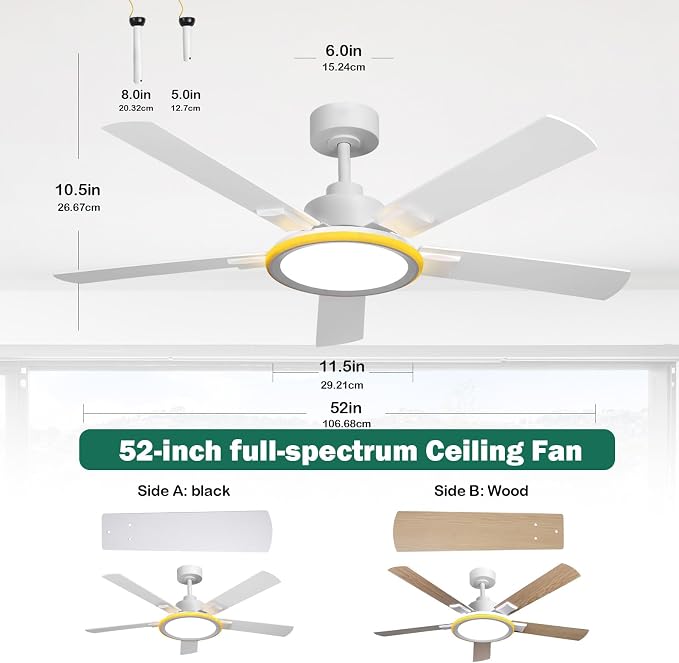 BAYSQUIRREL Smart 52" Ceiling Fans with Lights,Bluetooth Ceiling Fan with Speaker,6-Speeds DC Reversible Noiseless Motor,Full-Spectrum Eye-Care Flush Mount Ceiling Fan with Light