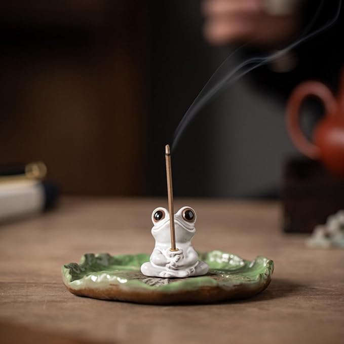 Cute Ceramic Frog Incense Holder with Ash Catcher - Japanese Zen Lotus Design Stick Burner for Meditation, Home Decor & Spiritual Gifts for Women