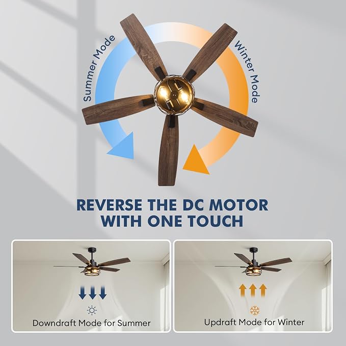52 Inch Farmhouse Ceiling Fan with Lights and Remote, Dual Finish 5 Blades, 6-Speed Adjustable, Quiet & Reversible DC Motor, Rustic Caged Ceiling Fan for Bedroom Living Room Outdoor Covered Patio