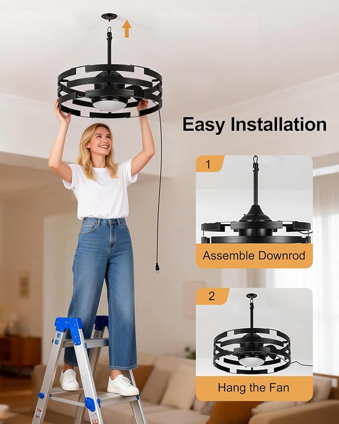 Roomratv 20" Outdoor Ceiling Fan with Light, Black Caged Ceiling Fan with Remote,Modern Enclosed Hanging Fan,IP65 Waterproof Plug in Fan for Gazebos, Patios and Porches