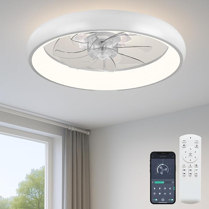 FSZDORJ 20'' Ceiling Fan with Light and Remote, Low Profile Ceiling Fan with Light, Dimmable Flush Mount Ceiling Fan Light, 6 Speeds Fan, App&Remote Control, Fandelier Quiet Fan for Bedroom F109 White