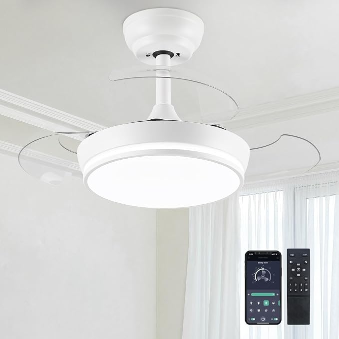 STERREN 30" Retractable Ceiling Fans with Lights, Dimmable LED Ceiling Fan Remote Control, Modern Small Fan Light for Bedroom Living Room Dinning Room Kitchen, 3000K-6500K, 6 Speed (White)