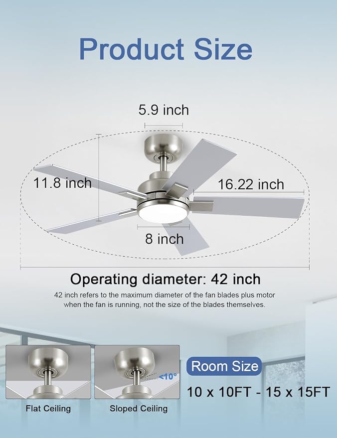 Modern Ceiling Fans with Lights - 42 inch Brushed Nickel Ceiling Fan with Light and Remote, Reversible DC Motor, 6-Speed Quiet 3CCT LED Dimmable for Bedroom, Indoor and Outdoor, Patios, ETL Listed