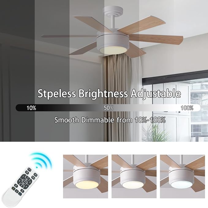 SHOWDI White Ceiling Fans with Lights and Remote, Quick Installation, 42 in | 2 Blade Color, Metal Material, App Remote Control, Timer, Reversible, 3CCT, Dimmable for Bedroom, Living room, Indoor