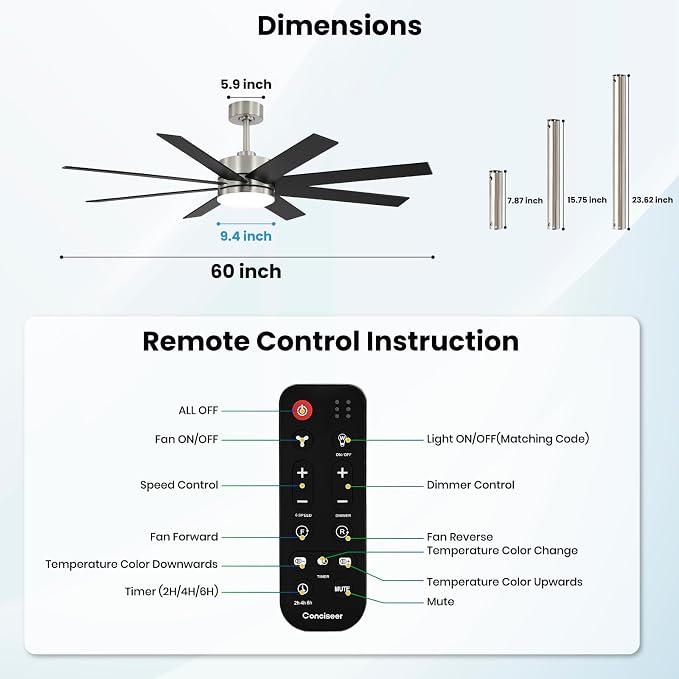 60 Inch Ceiling Fans with Lights and Remote, Dual Color 6 Blades, Bedroom Living Room Office Library Cafe Outdoor Industrial, 3CCT Dimmable, 6 Speed Reversible Quiet DC Motor, Sand-nickel/Wood Grain