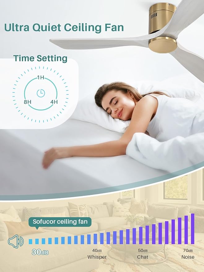 Sofucor 52 Inch Solid Wood Ceiling Fan Without Lights Flush Mount Ceiling Fans with Remote Control, Wood Blades Modern Outdoor Ceiling Fan No Light for Bedroom/Farmhouse/Patio/Indoor, Grey Gold