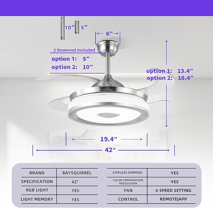 BAYSQUIRREL Retractable Bluetooth Ceiling Fan with Light and Speaker, Flush Mount Ceiling Fans,RGB-LED 6 Speed Reversible Modern Invisible Ceiling Fans,Remote and APP Control