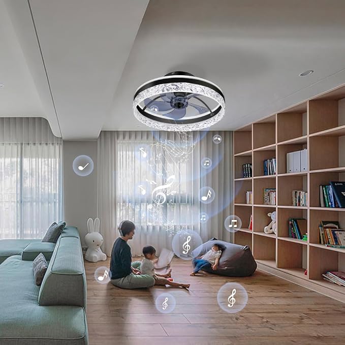Low Profile Flush Mount Ceiling Fan with Light and Bluetooth Speaker, Smart Ceiling Fan with 6 Speeds, Reversible Airflow, APP/Remote Control for Bedroom