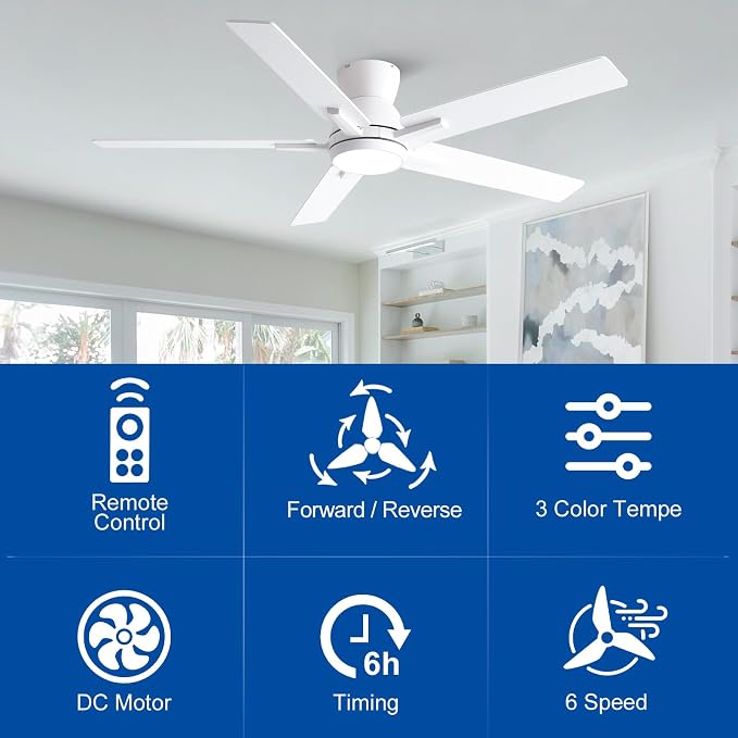 Sevenine 52'' White Flush Mount Ceiling Fan with Light & Remote, ETL Listed | 6 Speed, Quiet DC Motor, 3-Level Timer Function, 3 Color Temperature, Forward/Reserve For all Seasons, Indoor/Covered Outdoor