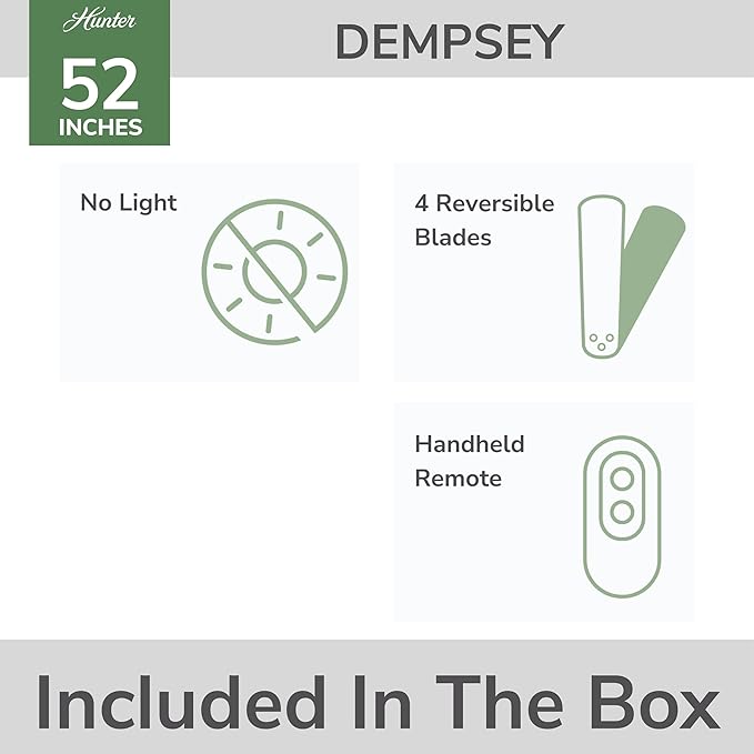 Hunter Dempsey, Indoor, Ceiling Fan, No Light, Modern, 52 inch, Fresh White | Low Profile Mount, Remote Control, 4 Blades, For Bedroom, Living Room, Kitchen, 59248