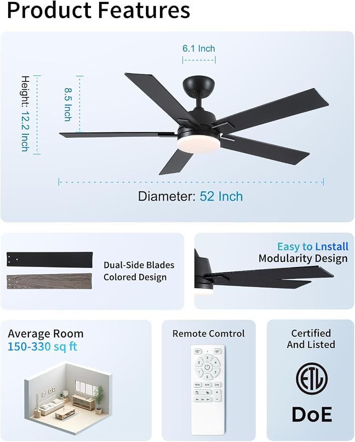 Rayqueen 52 Inch Black Ceiling Fans with Lights and Remote,Includes Downrod | 6 Speed Reversible DC motor,3-color temperature dimmable LED.For indoor/covered outdoor.Modern style for bedroom room