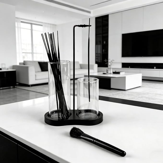 2 in 1 Black Incense Holder for Sticks with Glass Ash Catcher, Anti-Ash Incense Burner for Yoga Meditation Spa, Sleek Minimalist Decor & Incense Holder for Men, Includes Ash Brush