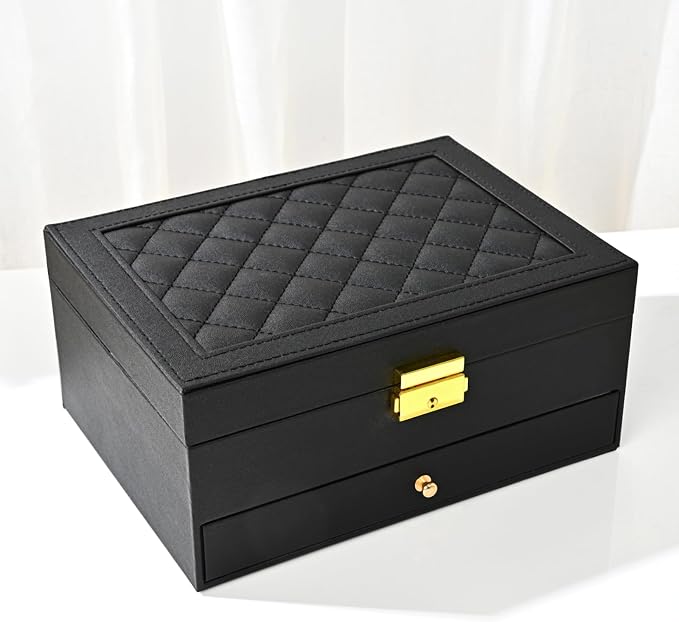 GUOER Jewelry Box for Women Girl Wife - Large PU Leather Jewelry Organizer Storage Case with Two Layers Display for Earrings Bracelets Rings Watches Mothers Day Gifts (Black)