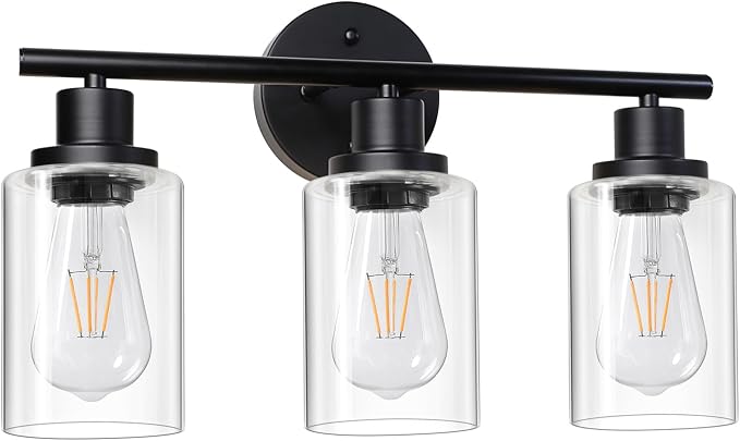 Unicozin Modern Bathroom Light Fixtures, 3 Light Vanity Lights, Black Wall Lamp with Clear Glass for Bathroom, Mirror, Living Room, Bedroom, Hallway, E26 Base