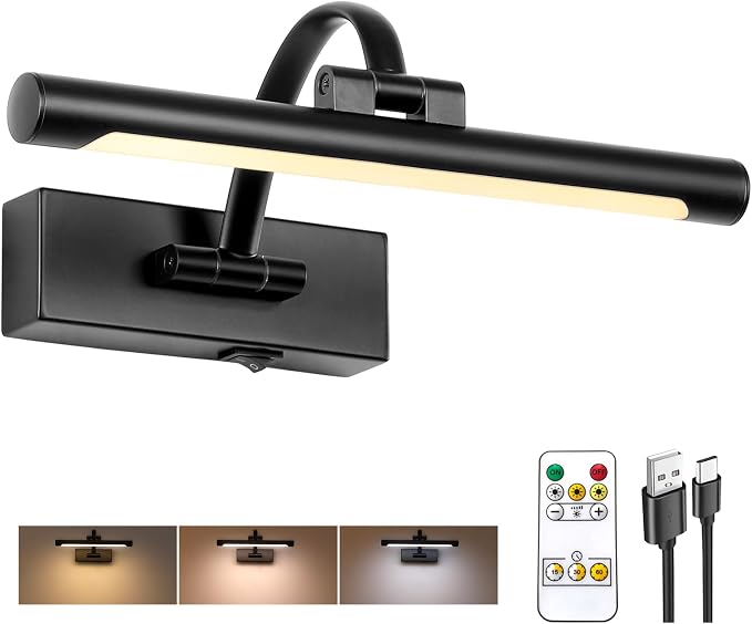 Tassuowell Battery Powered Picture Light with Remote and Timer,Full Metal Art Light with Swing Arm,12 Inch Dimmable,3CCT in One, Rechargeable Wall Lights for Display, Artwork, Canvas,Hallway