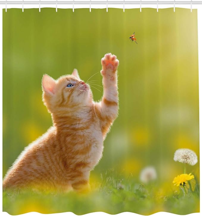 Ambesonne Cat Shower Curtain, Animal Theme Cat Hunting a Ladybug Nature Grass Dandelions Digital Print, Cloth Fabric Bathroom Decor Set with Hooks, 69" W x 70" L, Earth Yellow Pale Green