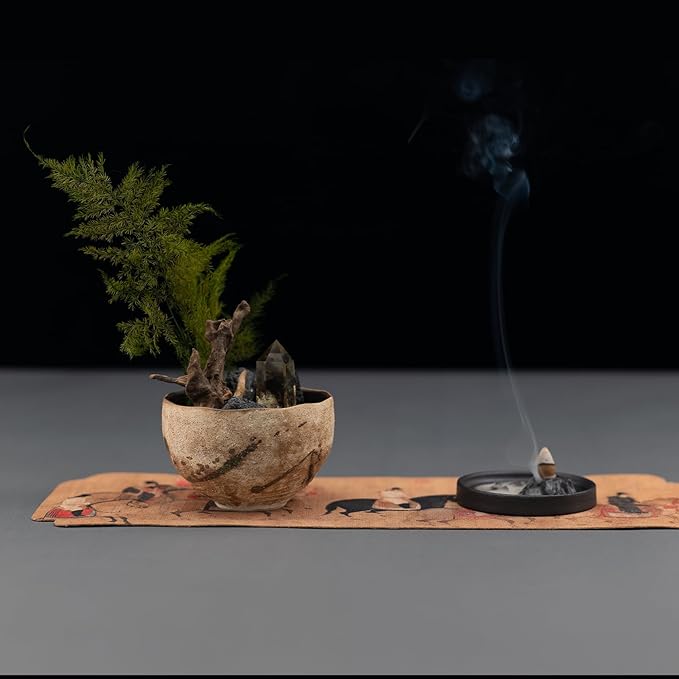 Cloud Ridge Tabletop Décor Set – Congolese Citrine & Fern, Dehua Incense Holder, Tang Dynasty Tea Mat & Natural Aromatics – Meditation, Feng Shui & Healing Crystal Gift