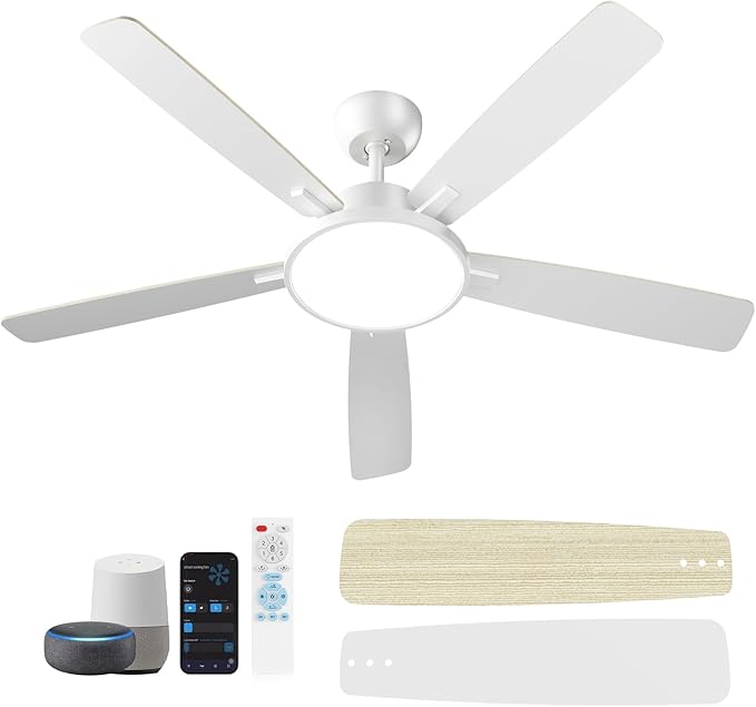 TALOYA 52 Inch White Smart Ceiling Fans with Lights Led Remote Control Flush Mount Low Profile for Bedroom Living Dining Room Outdoor Farmhouse Patio,Reversible,DC Motor,3 Color Temperatures,5 Blades