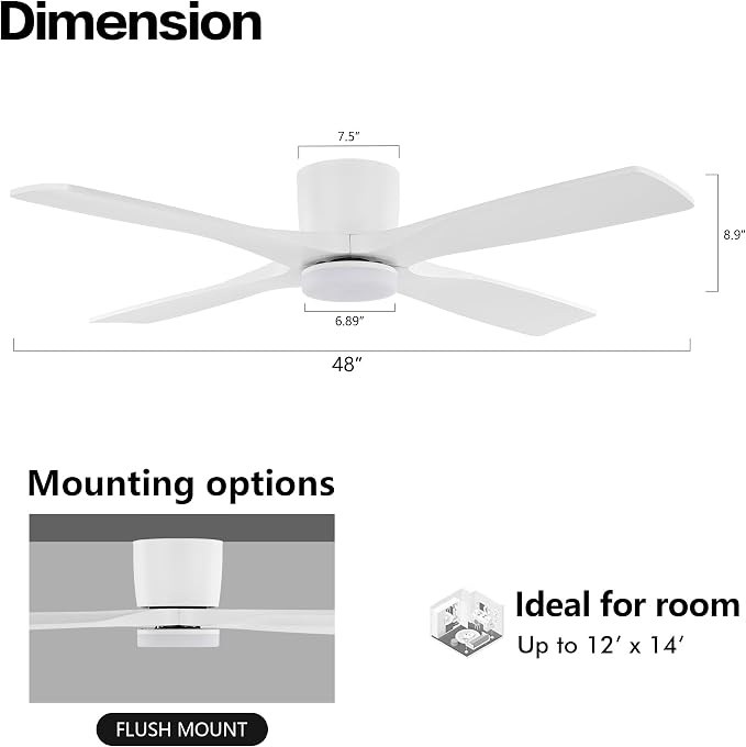 WINGBO 48 Inch Flush Mount DC Ceiling Fan with Lights and Remote, 4 Reversible Carved Wood Blades, 6-Speed Noiseless DC Motor, Hugger Ceiling Fan in White Finish, Low Profile Ceiling Fans, ETL Listed