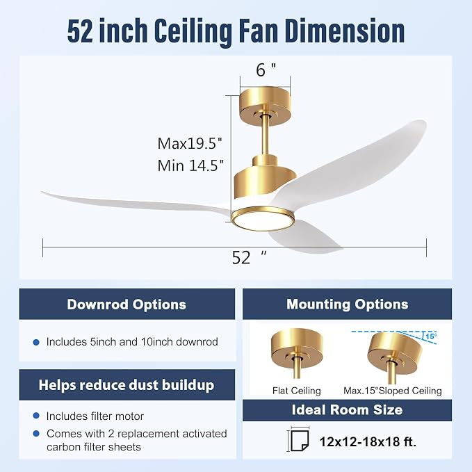 52 Inch White Gold Ceiling Fan with Light, 3 Blades Fan with Filter for Pet Home, High CFM Quiet DC Motor Fan with Remote Control for Living Room and Bedroom