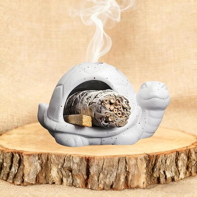 Ceramic Turtle Mini Chiminea- Multifunctional Incense Holder for Sage, Cone Incense, Copal & Small Candle | Aromatherapy Gift for Meditation, Yoga, Zen Spaces | Indoor Use, Hamster Nest Decor (White)
