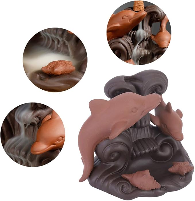 Backflow Incense Waterfall Burner, Cute Cone Holder Dolphin Decor Purple Clay Smoke Fountain Aromatherapy Ornamental with 10 Incense Cone Gift for Home Room Office Desk Indoor Meditation Yoga
