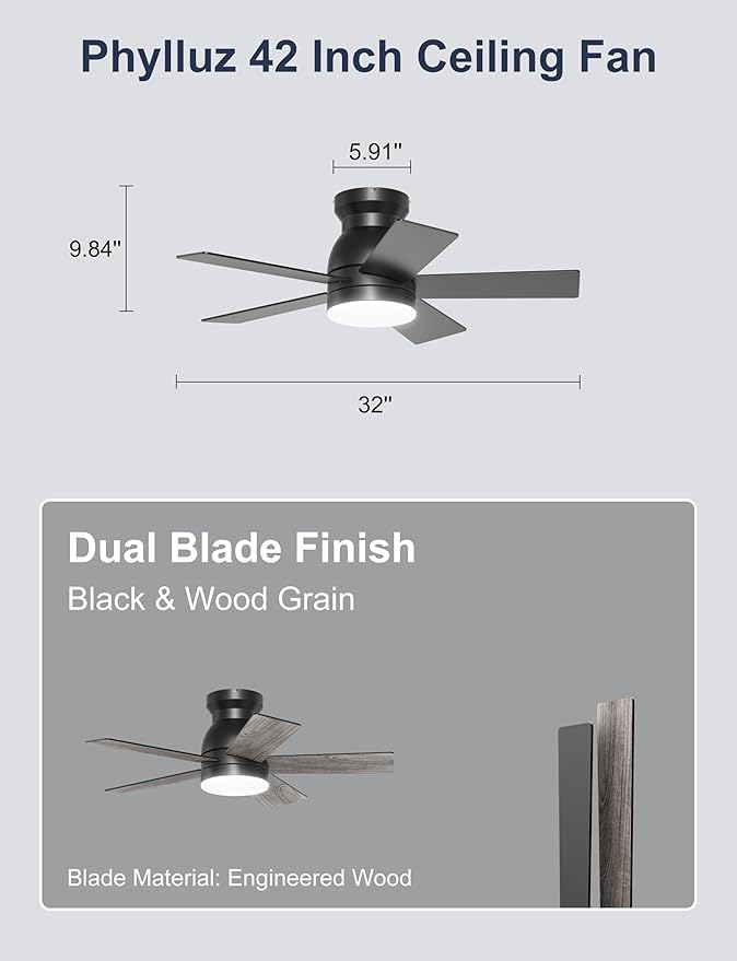 32'' Black Flush Mount Ceiling Fan with Light for Hallway, Closet | Quiet DC Motor, Low Profile, 3CCT Dimmable, Modern Small Room Ceiling Fan with App/Remote Control