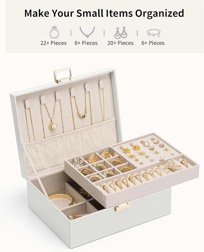 VLANDO Jewelry Box for Women, Gift for Women Girls,2 Layer Jewelry Box,Large Jewelry Organizer for Women Removable Jewelery Tray for Necklace Earrings Rings (Cloud White)
