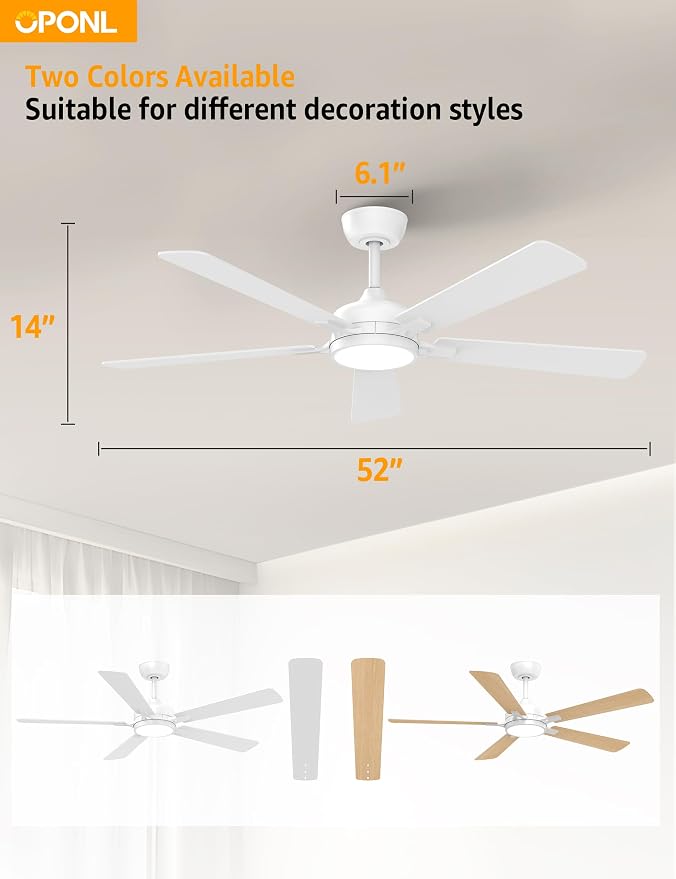 OPONL Ceiling Fan with Light, Ceiling fan with Light and Remote Control, Reversible, 6CCT, Dimmable, Noiseless, Ceiling Fan for Bedroom, Indoor/Outdoor Use, White, 52 inch, Classic