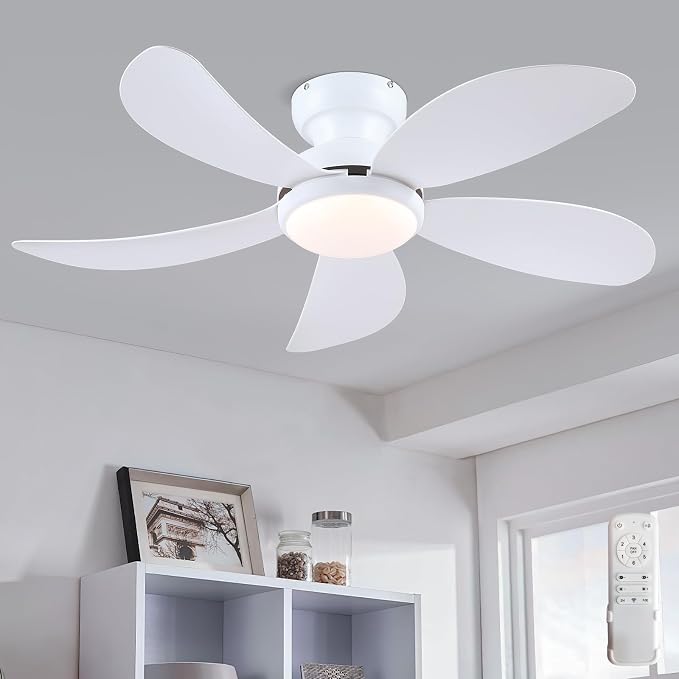 PHORUS 42" White Modern Low Profile Flush Mount Ceiling Fans with Lights | Super Large Airflow with 6 Wind Speeds, Reversible, Dimmable 3 CCT LED, 30W Noiseless DC Motor,Timer, for Bedroom Kitchen