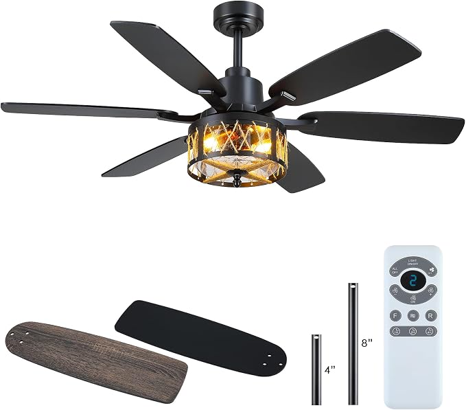Hounberi 52" Farmhouse Ceiling Fan with Light and Remote, Black Industrial Caged Ceiling Fans with Seeded Glass & Jute Rope Shade, Reversible DC Motor, Rustic Ceiling Fan for Dining Room Bedroom