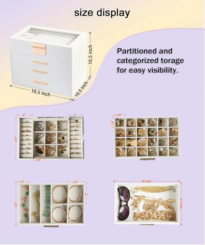 BOOVO Jewelry Boxes for Women, White and Black 6 Layer Large Jewelry Box for Necklace, Bracelet, Earrings, Rings Storage, Jewelry holder Organizer for Girls Gift (Clear White, 4 layer)