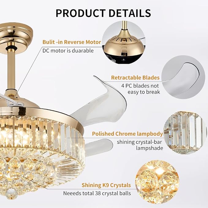 48 Inch Fandelier Ceiling Fans with Light, Chandelier Ceiling Fan, Retractable Crystal Ceiling Fan for Bedroom, Living Room, 3 Color Change, LED Dimmable, 6 Speeds, Reversible DC Motor-Gold
