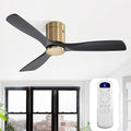 Sofucor 52 Inch Solid Wood Ceiling Fan Without Lights Flush Mount Ceiling Fans with Remote Control-Wood Blades Modern Outdoor Ceiling Fan No Light for Bedroom/Farmhouse/Patio/Indoor, Black Gold