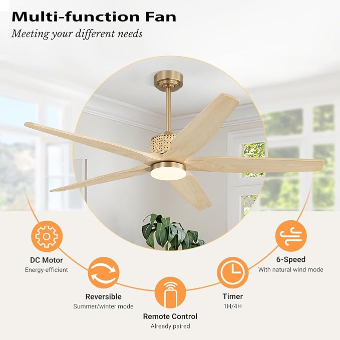 LEDLUX 60" Ceiling Fan with Light – Remote Control, Solid Wood, Quiet Reversible DC Motor, Light Oak/Gold Finish, Includes 4.5"/12" Downrods, Noiseless Ceiling Fan for Bedroom, Living Room, Porch
