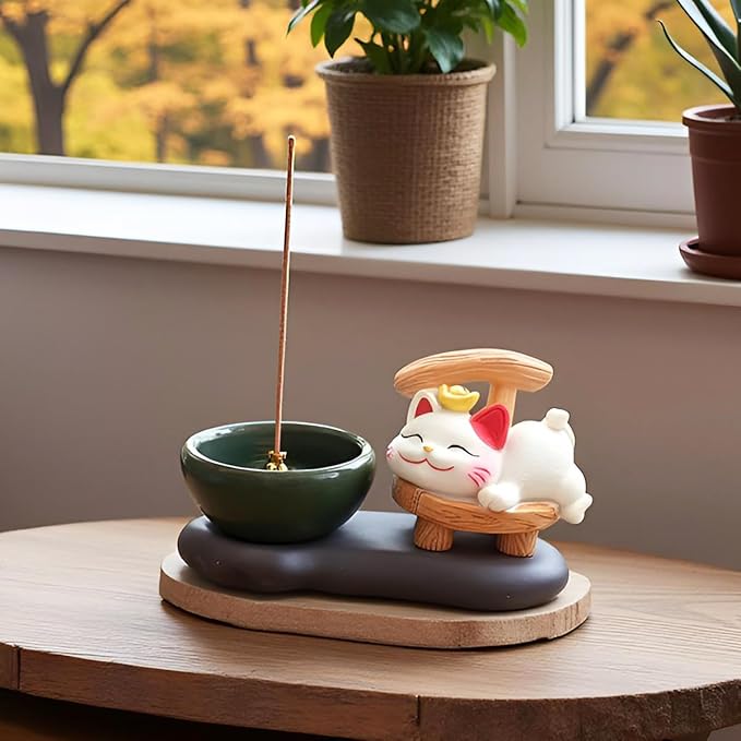 Cute Cat Stick Incense Holder, Japanese Ceramic Burner Tray Set, Rustic Ash Catcher Desktop Home Office Decor Meditation Yoga Spa Zen Aromatherapy