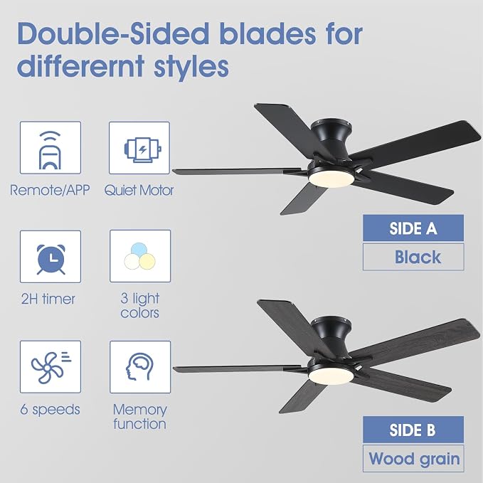 52"Modern Black Low Profile Flush Mount Ceiling Fans with Light and Remote | Supports Remote and APP, 6 Wind Speeds, Reversible, Dimmable 3 Light Colors LED Light, Noiseless 30W DC Motor,2H Timer