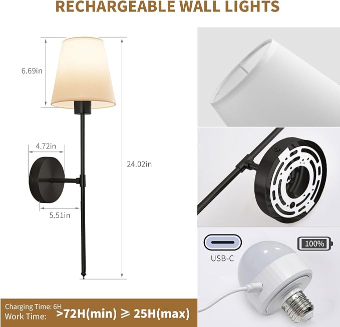 Wall sconces Set of Two Battery Operated – Rechargeable Wireless Wall Lights with Remote, 15 Colors & Dimmable Detachable Bulbs, Black Wall Lamps for Bedroom, Living Room, Hallway, and Home Decor