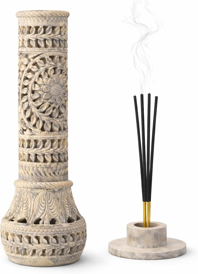 Carry Me Marble Soapstone Incense Stick Holder | Candle Burner | Tea Light Stand - Perfect Handmade Bottle Tower. Decorative Floral Carving for Gifting - Home and Office Decor - (3x3x10.5 Inches)