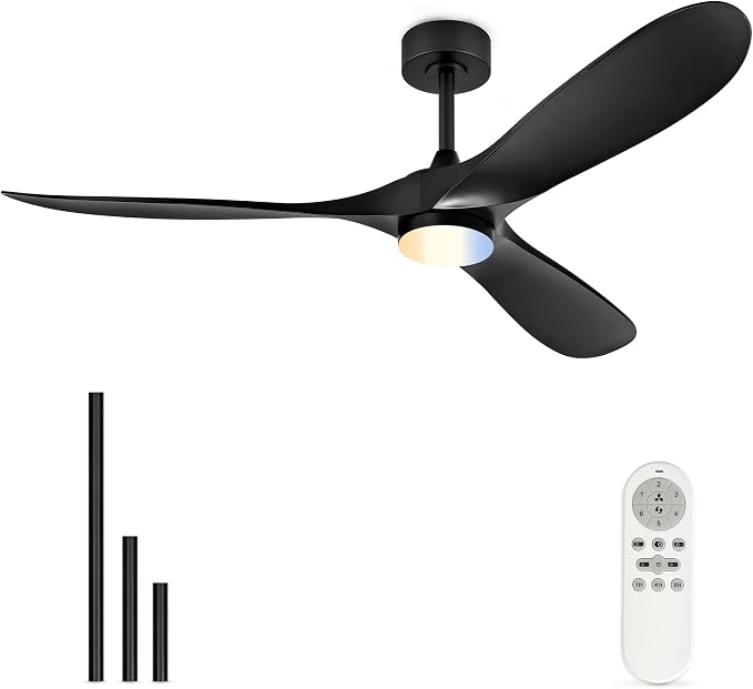 60 Inch Indoor Outdoor Ceiling Fan with Light and Remote, 3CCT Dimmable LED, Modern Black Ceiling Fan, Reversible Motor, Quiet 3-Blade ABS Fan for Living Room, Covered Patio, ZCCF08BK-60