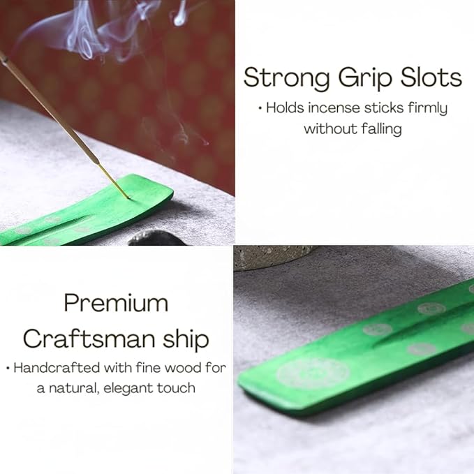 Bless-International Traditional-Handmade-Burner Wooden-Incense-Stick-Holder Ash-Catcher-Stand for-Aromatherapy-Meditation-Yoga (Earth Green) 10 Inches, Pack of 1