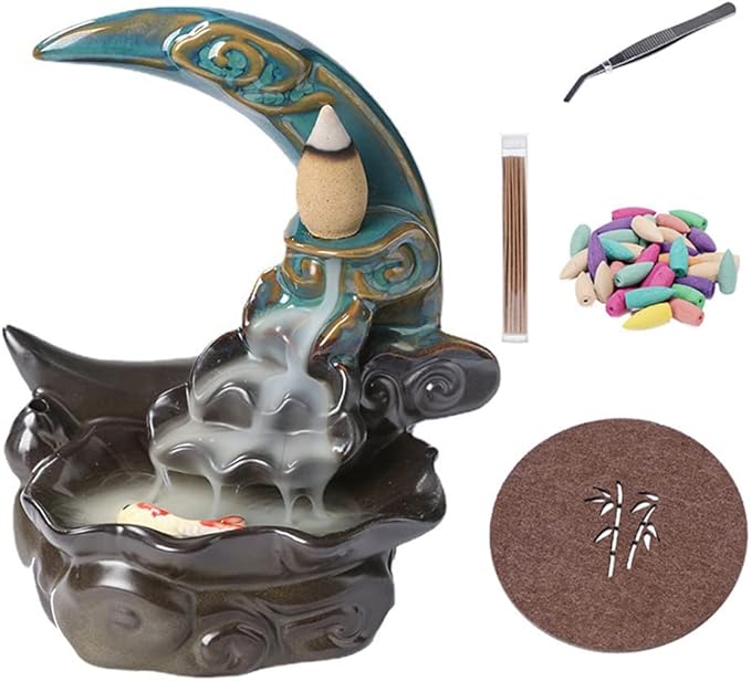 Ceramic Incense Holder Backflow Handcraft Moon Incense Burner with 30 Incense Cones 1 Tweezer 1 Mat 30 Incense Sticks for Home Decoration Ornament Aromatherapy and Meditation