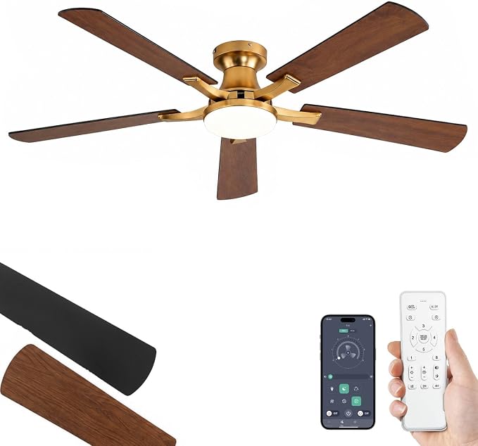 ZMISHIBO 52 Inch Ceiling Fan with Light, App&Remote Control, Flush Mount Low Profile, Dimmable 20W LED Light, Quiet Reversible Motor for Bedroom, Living Room, Apartment, Gold