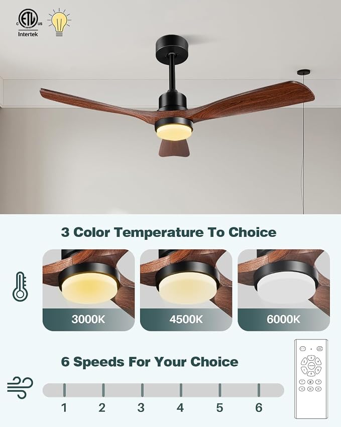 60 Inch Ceiling Fans with Lights, Outdoor Ceiling Fan for Patios with Light and Remote, 3 Downrods, ETL Listed, 3 Blades Solid Wood Ceiling Fan Reversible Quiet Dc Motor For Indoor Bedroom,60in,Walnut